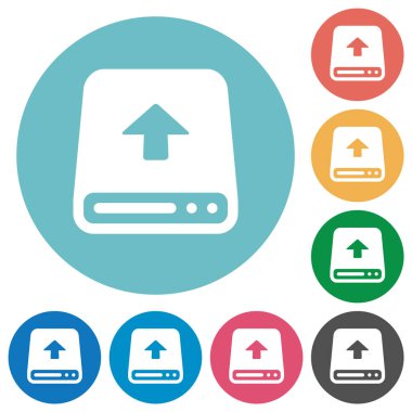 Yuvarlak renk arkaplanındaki sabit diskteki düz beyaz simgeleri yükle