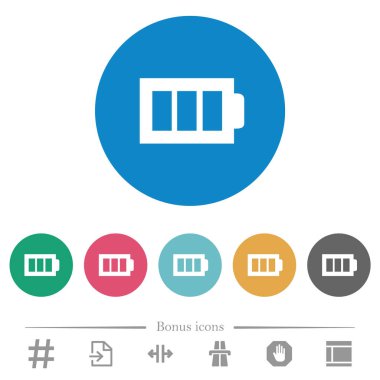 Dolu batarya ve üç adet düz beyaz simge yuvarlak renkli arka planda. 6 bonus simgesi dahil.