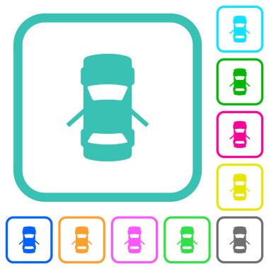 Arabanın arka kapısı açık gösterge paneli koyu renkli renkli renkli düz simgelerle beyaz arkaplanda eğri kenarlı düz simgelerle düğmelere basar