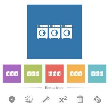Kare arkaplanlarda bembeyaz çamaşır ikonları. 6 bonus simgesi dahil.