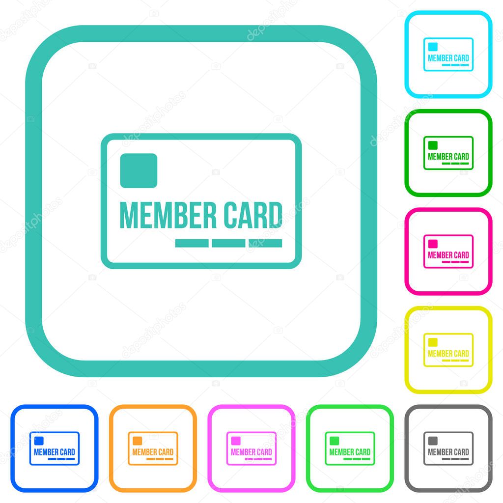 Member card outline vivid colored flat icons in curved borders on white background