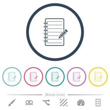 Yuvarlak anahatlarda kalem düz renk simgeleri ile Spiral not defteri. 6 bonus simgeleri dahil.