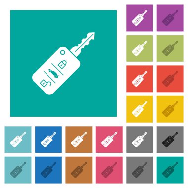 Sade kare arka planda çok renkli düz ikonlu uzaktan kumandalı araba anahtarı. Uçan veya etkin efektler için beyaz ve koyu simge varyasyonları.