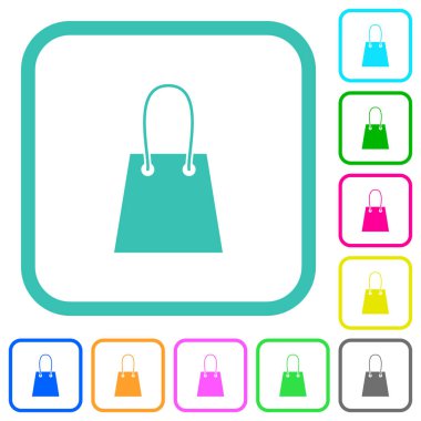 Beyaz arka plan üzerinde eğri sınırları alışveriş çantası canlı renkli düz simgeler