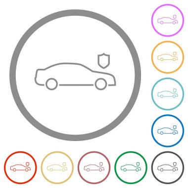 Araba güvenliği beyaz arkaplanda yuvarlak çizgilerle düz renk simgelerini çizer