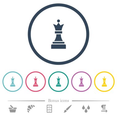 Yuvarlak anahatlarısiyah satranç kraliçesi düz renk simgeleri. 6 bonus simgeleri dahil.