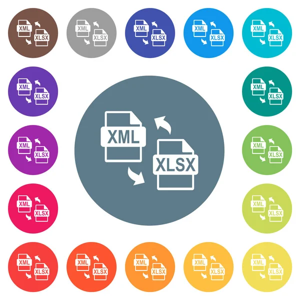 Xml Xlsx Bestand Conversie Platte Witte Pictogrammen Ronde Kleur Achtergronden — Stockvector