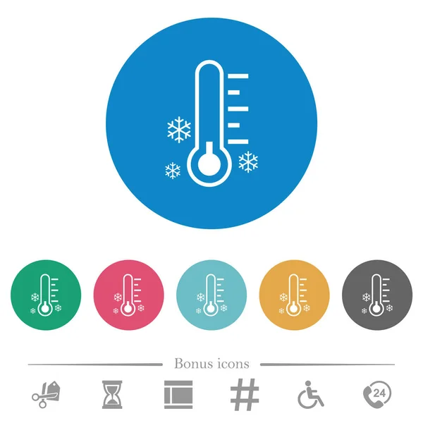 温度计结霜温度扁平白色图标在圆形的色彩背景 包括6个奖金图标 — 图库矢量图片