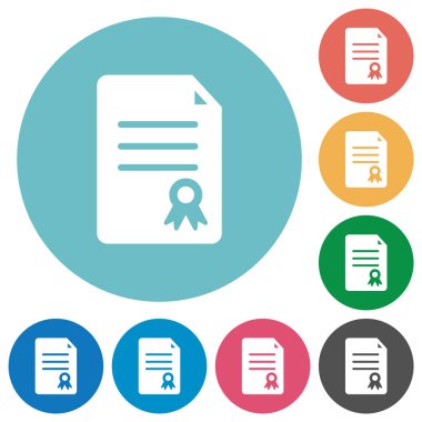 Yuvarlak renk arkaplanındaki sertifika belgesi düz beyaz simgeleri