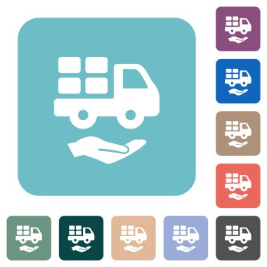 Renkli yuvarlak kare arkaplan üzerine kurye servisleri katı beyaz düz simgeler