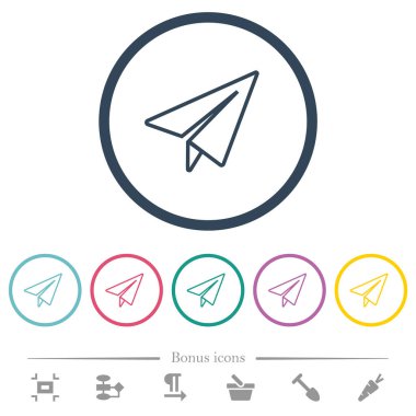 Kağıt uçak düz renk simgelerini yuvarlak çizgilerle özetliyor. 6 bonus simgesi dahil.