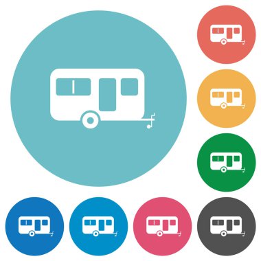 Karavan düz beyaz simgeler yuvarlak renk arkaplan