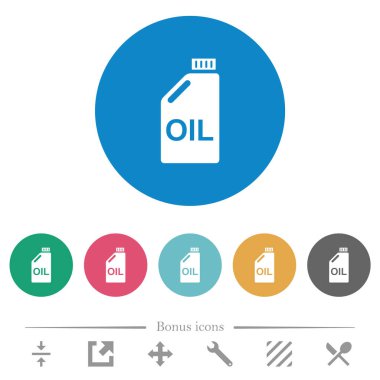 Yağ tenekesi düz beyaz simgeler yuvarlak renkli arka planlarda. 6 bonus simgesi dahil.