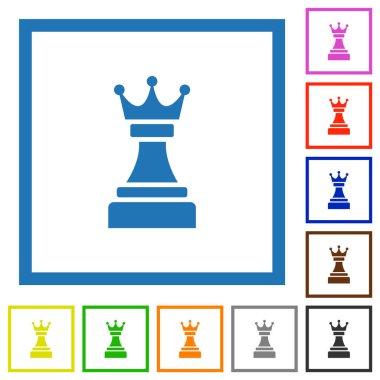 Beyaz arkaplanda kare çerçeveli siyah satranç kraliçesi düz renk simgeleri