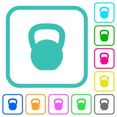 Beyaz arkaplanda eğimli sınırlarda kettlebel canlı renkli düz simgeler