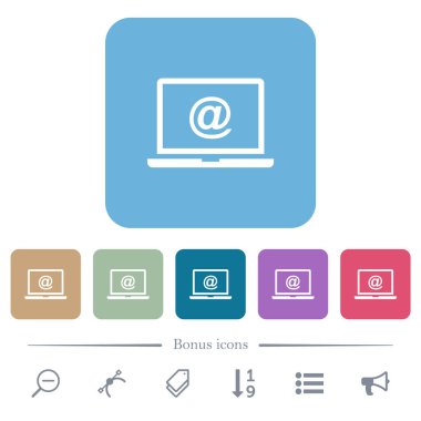 Renkli yuvarlak kare arkaplan üzerine beyaz düz simgeli bir dizüstü bilgisayar. 6 bonus simgesi dahil