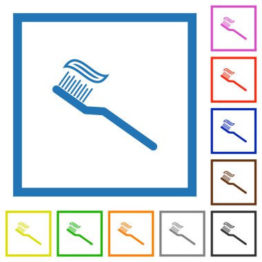 Beyaz arkaplanda kare çerçevelerde diş macunu düz renk simgeleriyle diş fırçası