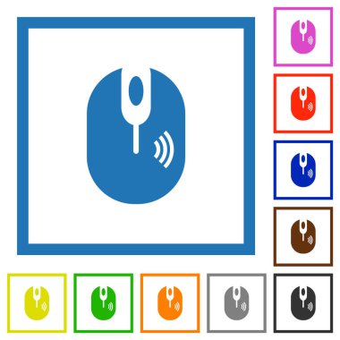 Beyaz arkaplanda kare çerçevelerde kablosuz bilgisayar faresi düz renk simgeleri