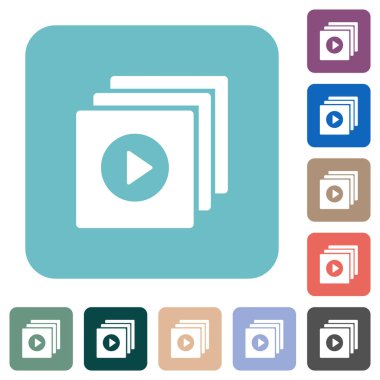 Renkli yuvarlak kare arkaplan üzerindeki düz beyaz simgeleri oynat