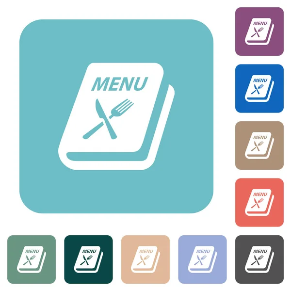 Menú Con Tenedor Cuchillo Iconos Planos Blancos Sobre Fondos Cuadrados — Vector de stock