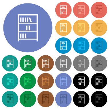 Kitap rafı, arka planda çok renkli düz simgeler ana hatlarıyla. Uçma ve aktif durum efektleri için beyaz, açık ve koyu simge varyasyonları ve bonus gölgeler.