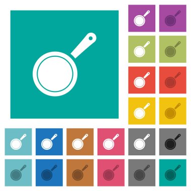 Sade kare arkaplan üzerinde tava görüntüsü çok renkli düz simgeler. Uçan veya etkin efektler için beyaz ve koyu simge varyasyonları.