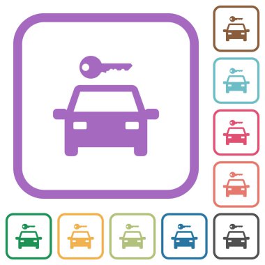 Beyaz arkaplanda renkli yuvarlak kare çerçeveli araba kiralama simgeleri