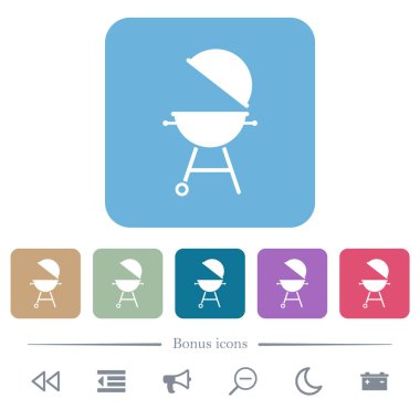 Açık kapaklı barbekü ızgarası. Renkli yuvarlak kare arka planda düz beyaz simgeler. 6 bonus simgesi dahil