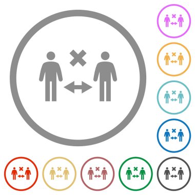 Beyaz arkaplanda yuvarlak ana hatlarda düz renk simgeleri yanlış sosyal uzaklık