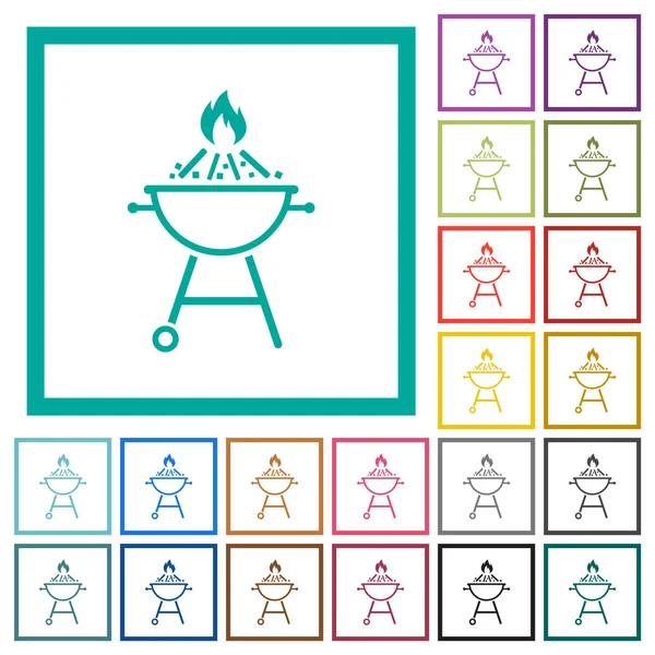 Grill Barbecue Brûlant Icônes Couleur Plate Avec Cadres Quadrants Sur — Image vectorielle