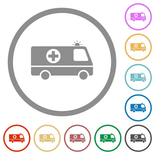 Lampeggiante Ambulanza Vista Laterale Auto Icone Colori Piatte Contorni Rotondi — Vettoriale Stock