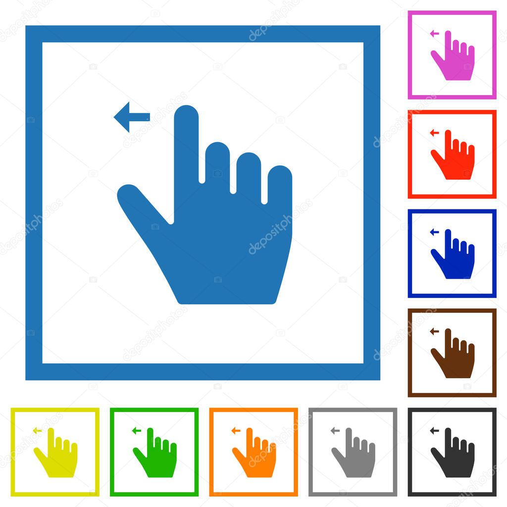 Right handed move left gesture flat color icons in square frames on white background