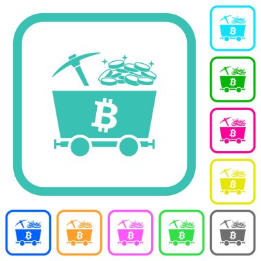 Bitcoin kripto para birimi madenciliği. Beyaz arka planda eğri kenarlı, canlı renkli düz simgeler.