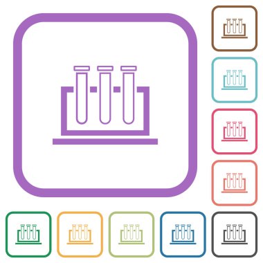 Beyaz arkaplanda renkli yuvarlak kare çerçevelerde basit kimya simgeleri