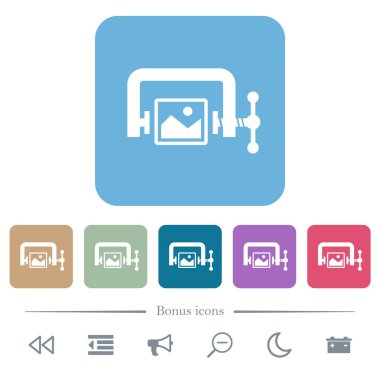 Renkli yuvarlak kare arkaplanlarda resim sıkıştırma katı beyaz düz simgeleri. 6 bonus simgesi dahil