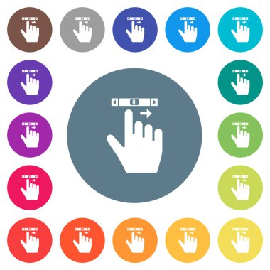 Sağ el kaydırma sağ jest düz beyaz simgeler yuvarlak renk arkaplan. 17 arkaplan renk varyasyonu dahil.