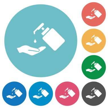 Yuvarlak renkli arka planda sıvı sabun beyazı simgelerle el yıkama