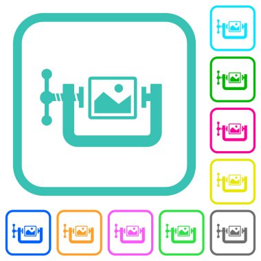 Beyaz arkaplan üzerindeki eğimli sınırlarda resim sıkıştırma katı renkli düz simgeler