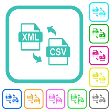 XML CSV dosya dönüştürme beyaz arkaplan üzerinde eğri kenarlıklarda canlı renkli düz simgeler