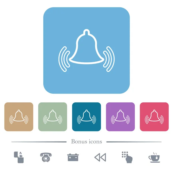 リングベルは カラー丸みを帯びた正方形の背景に白いフラットアイコンをアウトライン ボーナスアイコン6種 — ストックベクタ