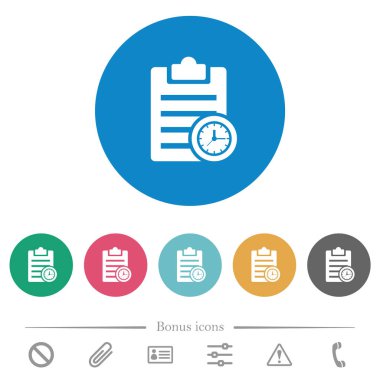 Yuvarlak renkli arkaplan üzerinde zamanlayıcı düz beyaz simgeler. 6 bonus simgesi dahil.