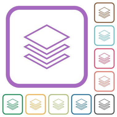 Katmanlar beyaz arkaplanda renkli yuvarlak kare çerçeveler halinde basit simgeleri özetlerler