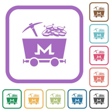 Monero kripto para birimi madenciliği. Beyaz arkaplandaki renkli kare çerçeveli basit hazine simgeleri.