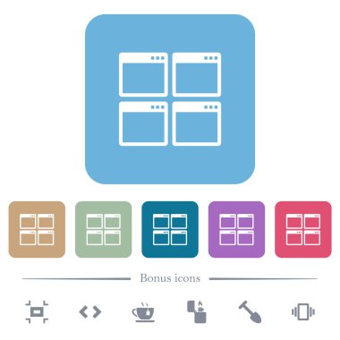 Renkli yuvarlak kare arkaplan üzerine mozaik pencere görünüm modu beyaz düz simgeler. 6 bonus simgesi dahil
