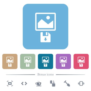 Resmi renkli yuvarlak kare arkaplandaki disket beyaz düz simgelere kaydet. 6 bonus simgesi dahil