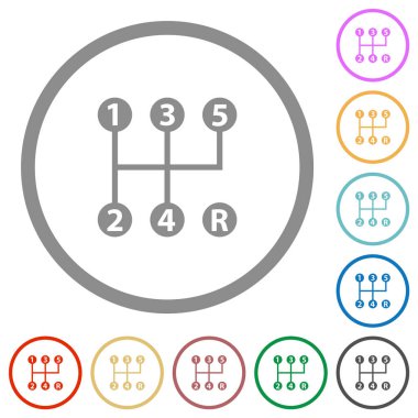 Beyaz arkaplanda yuvarlak çizgilerde beş hız manuel vites kayması düz renk simgesi