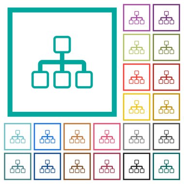 Ağ ana hatları düz renk simgeleri beyaz arkaplanda çeyrek çerçeve ile