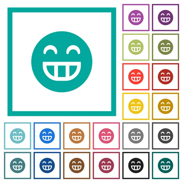 Laughing Emoticon Solid Flat Color Icons Quadrant Frames White Background — Stock Vector