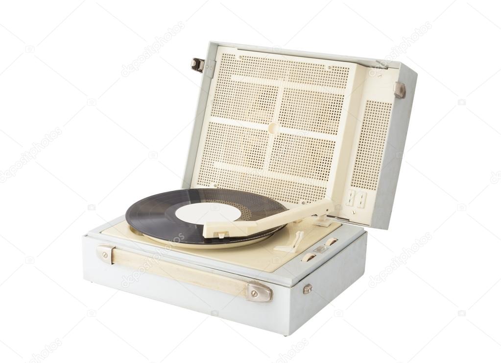 Retro vinyl record player isolated on white