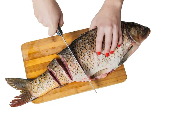 Mãos femininas com um peixe de corte de faca — Fotografia de Stock